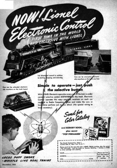Advertisement for the Lionel Electronic Train Control System published in a magazine in 1946.