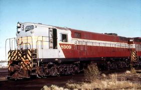 Fairbanks Morse Trainmaster, example of a hood unit. Note the F indicating the front. These units were delivered for long hood forward operation. This unit was converted in 1959/1960, and repainted to match the CPR paint scheme with the grey nose.